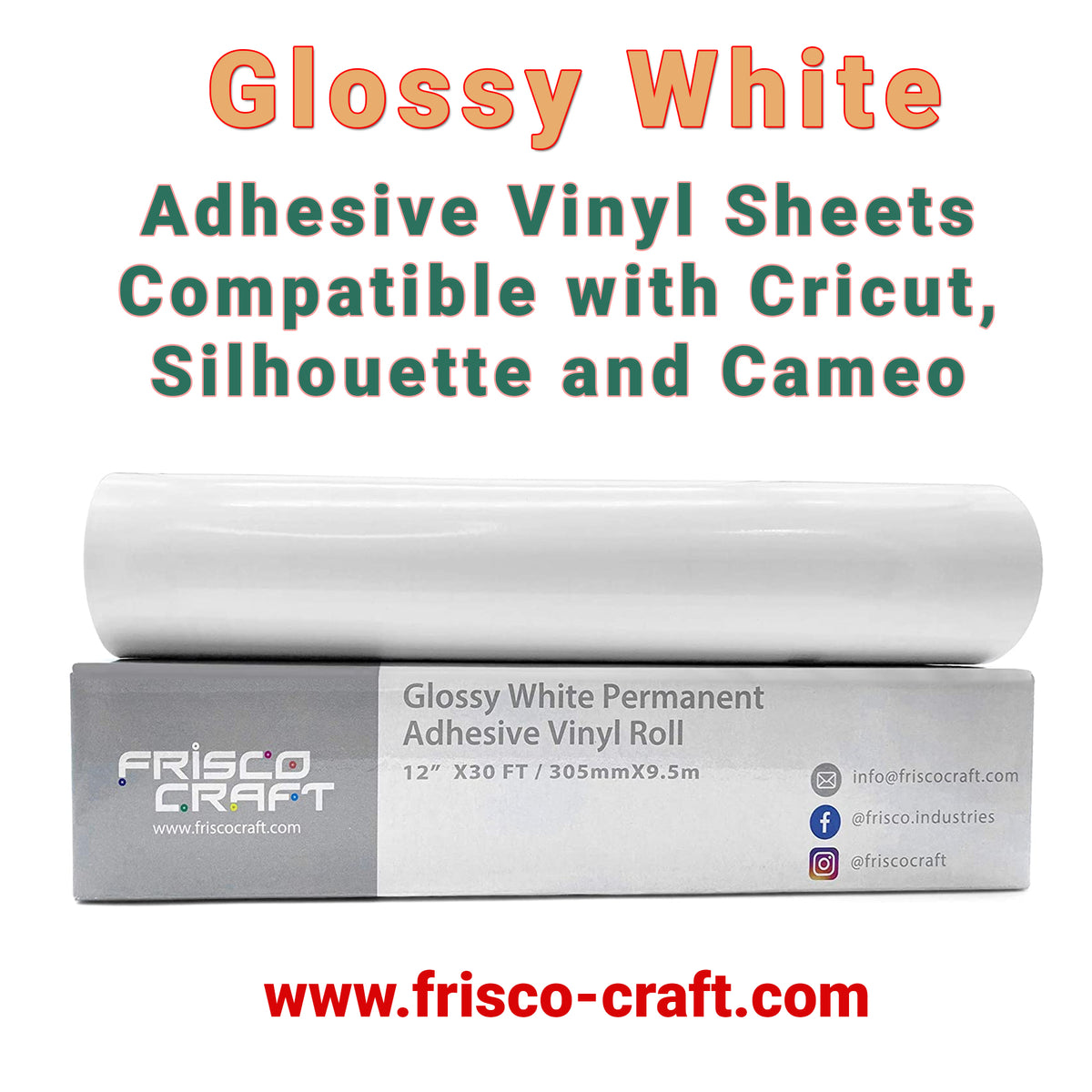Frisco Craft Rollo de vinilo adhesivo permanente blanco mate, 12 pulgadas x  30 pies para letreros, álbumes de recortes, láminas de vinilo adhesivas